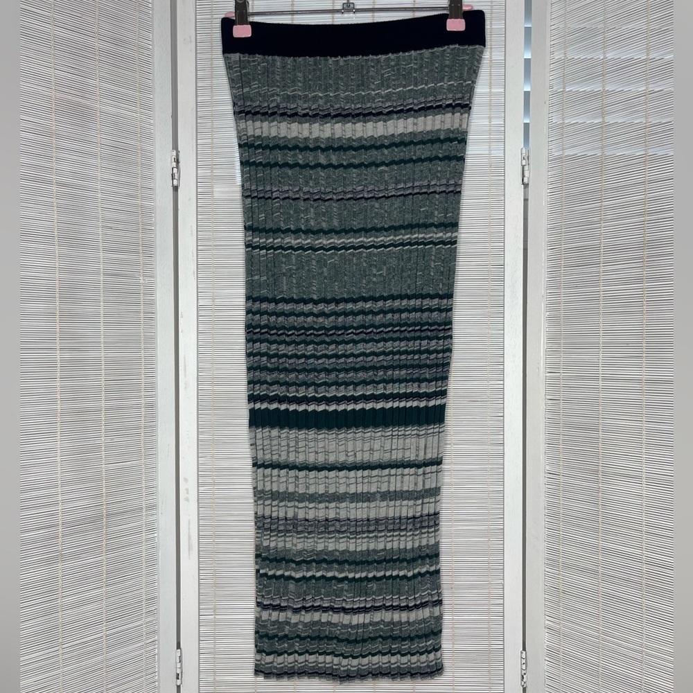 Ramy Brook Skirt Knit Midi Striped Cotton Wool Navy Green Elastic Waist Size S